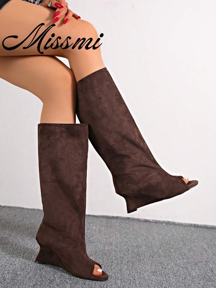Women's Over-The-Knee Long Boots, Autumn/Winter New Style, Slimming High Heel, Chunky Heel, Wedge Heel, Fold-Down Shaft Boots