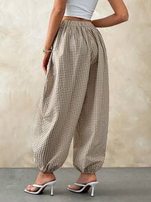 Women's Casual Beige Gingham Drawstring Elastic Balloon Harem Pants - Beige - View 2