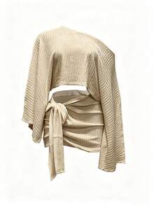 Ensemble Top Court Asymétrique Blanc Texturé & Mini-Jupe Taille Haute à Nœud, Chic Élégant pour les Vacances - Kaki - Voir 4