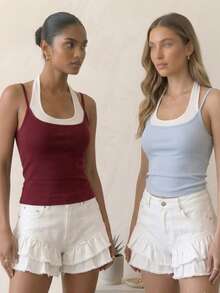 Camiseta sin mangas de ajuste ceñido con apariencia de capas, paquete de 2 tops básicos casuales para mujer - Multicolor - Ver 1