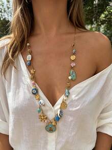 Monlansher Nuevo collar largo de acero inoxidable para mujer con múltiples colgantes, artesanía de esmalte con goteo, encantos de moda múltiple, personalizado casual versátil - N0497 - Estilo colgante múltiple - Ver 1