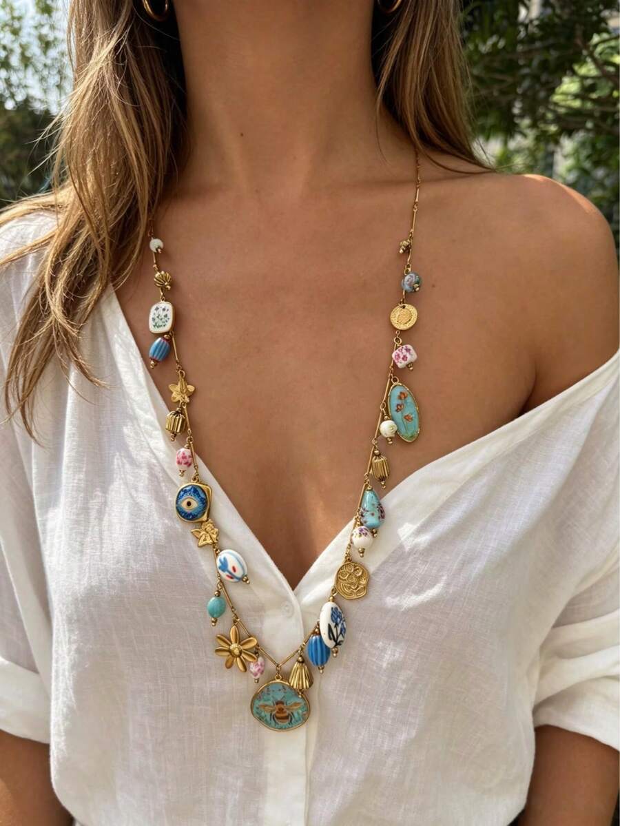 Monlansher Nuevo collar largo de acero inoxidable para mujer con múltiples colgantes, artesanía de esmalte con goteo, encantos de moda múltiple, personalizado casual versátil - N0497 - Estilo colgante múltiple - Ver 1