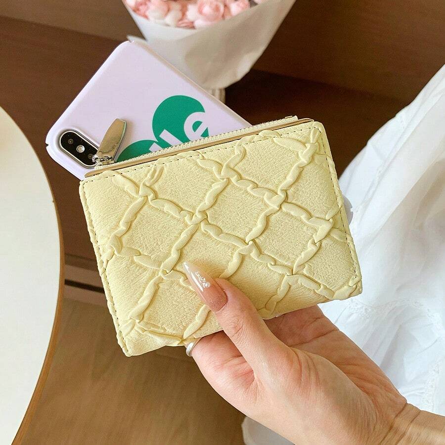 韓式拉鍊錢包,多卡槽信封式女款錢包,皺紋紋理極簡雙折錢包 - 彩色 - 查看 1