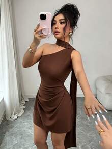 abyoxi 女款咖啡棕單肩繫帶領不對稱領口抓皺腰身修身迷你洋裝，優雅時尚，適合度假、海灘派對、婚禮、節慶、畢業典禮、派對等場合，緊身彈性春夏短洋裝 - 咖啡棕 - 查看 3