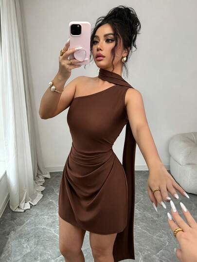 abyoxi Vestido mini ajustado de mujer color marrón café con un hombro, cuello anudado, escote asimétrico y cintura fruncida, elegante y de moda, adecuado para vacaciones, fiesta en la playa, boda, vacaciones, temporada de graduación, fiesta y otras ocasiones, vestido corto elástico ajustado primavera/verano