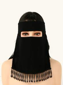 1 Buah Niqab Rumbai Warna Polos untuk Wanita, Masker Rumbai Ringan dan Bernapas, Masker Wajah Modis dan Serbaguna - Masker Wajah Rumbai Hitam - View 7