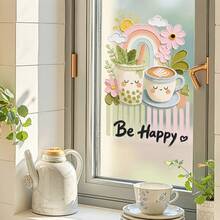 1pc Summer Plant Flower Glass Decorative Sticker, Window Static Cling BE HAPPY Glass Film, Coffee Cup Smiling Face Home Decor Wall Sticker - UV34326-mengmo Drink - View 1