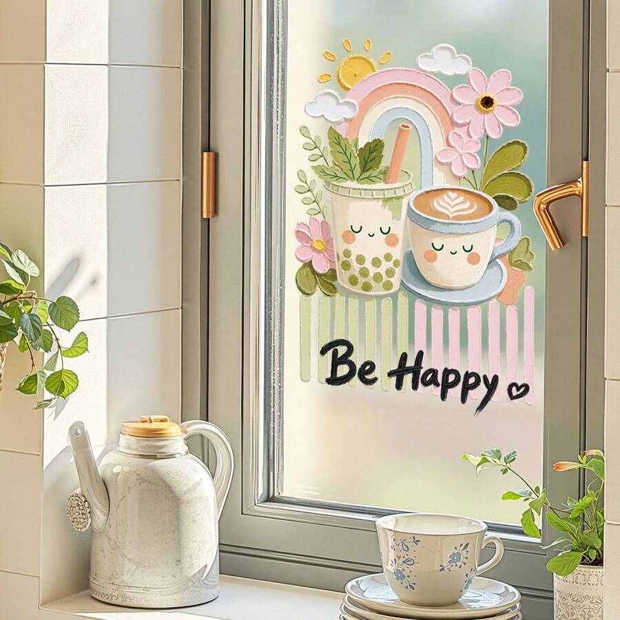 1pc Summer Plant Flower Glass Decorative Sticker, Window Static Cling BE HAPPY Glass Film, Coffee Cup Smiling Face Home Decor Wall Sticker - UV34326-mengmo Drink - View 1