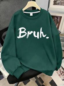 Boys' Slogan Minimalist Crew Neck Long Sleeve Sweatshirt, Casual Fashion, Suitable For Autumn/Winter Outdoor Wear - Dark Green - View 3