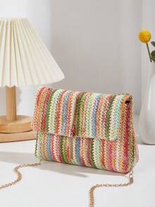 Women's Colorful Contrast Woven Fabric Magnetic Closure Small Square Crossbody Bag - Multicolor - View 2