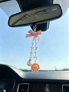 Cute Sunflower Car Rearview Mirror Hanging Ornament, Pink Bow Crystal Chain Car Decor, Adorable Car Decoration Gift - Sun Pearl Bow - View 8