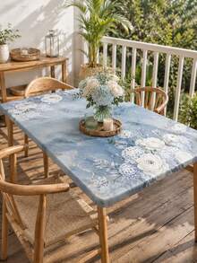 1Pc Blue Marble Floral Round Stretch Tablecloth, Elegant Polyester Elastic Fitted Table Cover, Rose Hydrangea Print Washable Dustproof Table Protector Slipcover For Dining Table, Patio, Wedding, Party, Spring Summer Decor - Multicolor - View 8