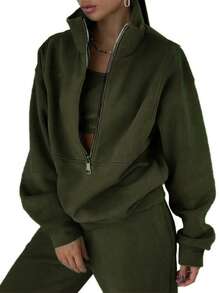 Conjunto mujer primavera, sudadera de felpa suave, look moderno - Verde militar - Ver 2