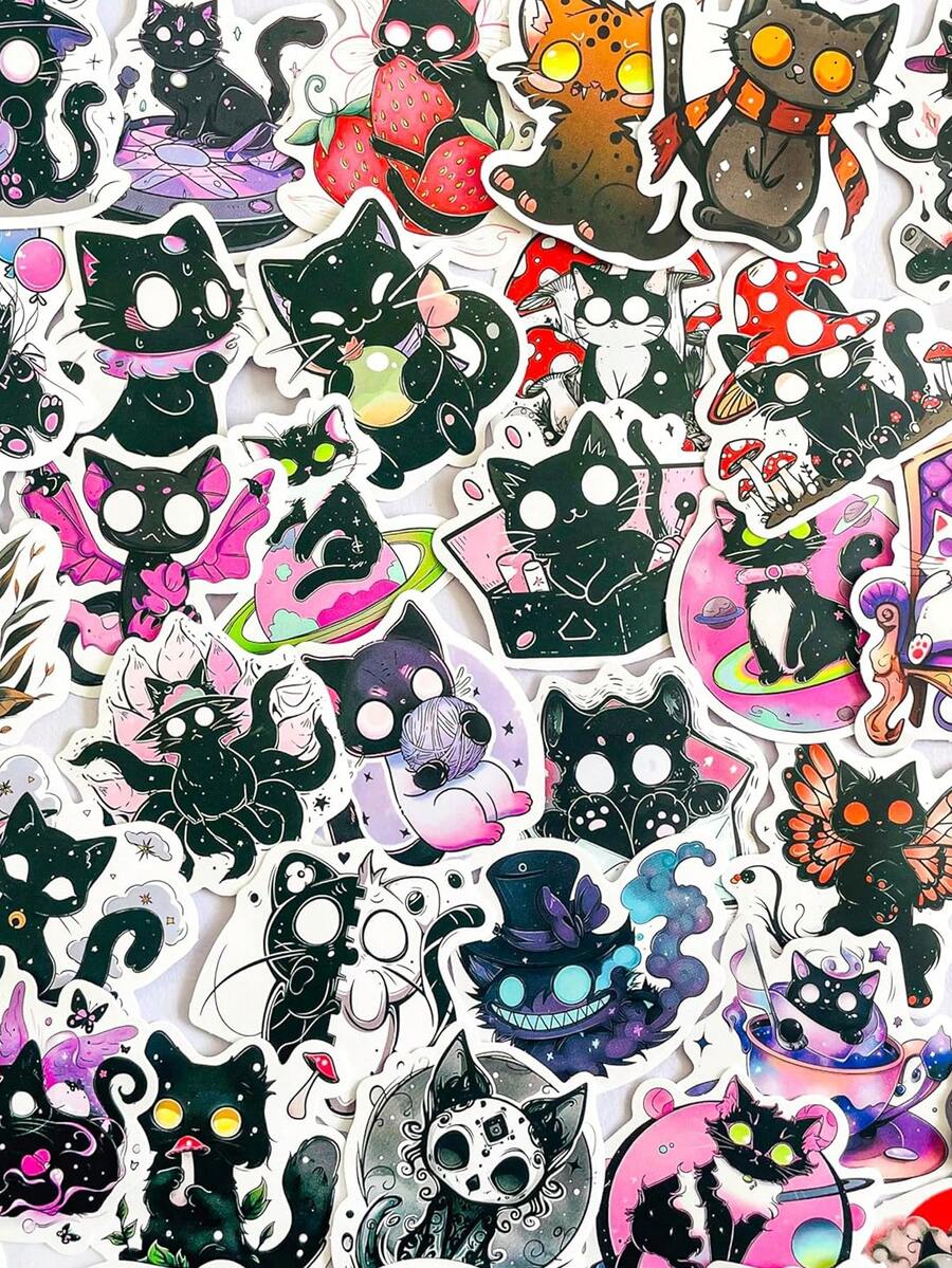 50pcs Horror Soul Cat Creative Waterproof Stickers, Suitable For Laptop, Water Bottle, Skateboard, Guitar, Refrigerator, Desktop, Wall, Helmet, Scrapbook, Phone Case Decoration, Holiday Gift, Birthday Party Gift School Supplies - 50pcs - View 1