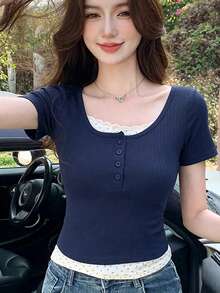 女款夏季純色鈕扣半開襟短袖休閒波點T恤 - 藏蓝色 - 查看 3
