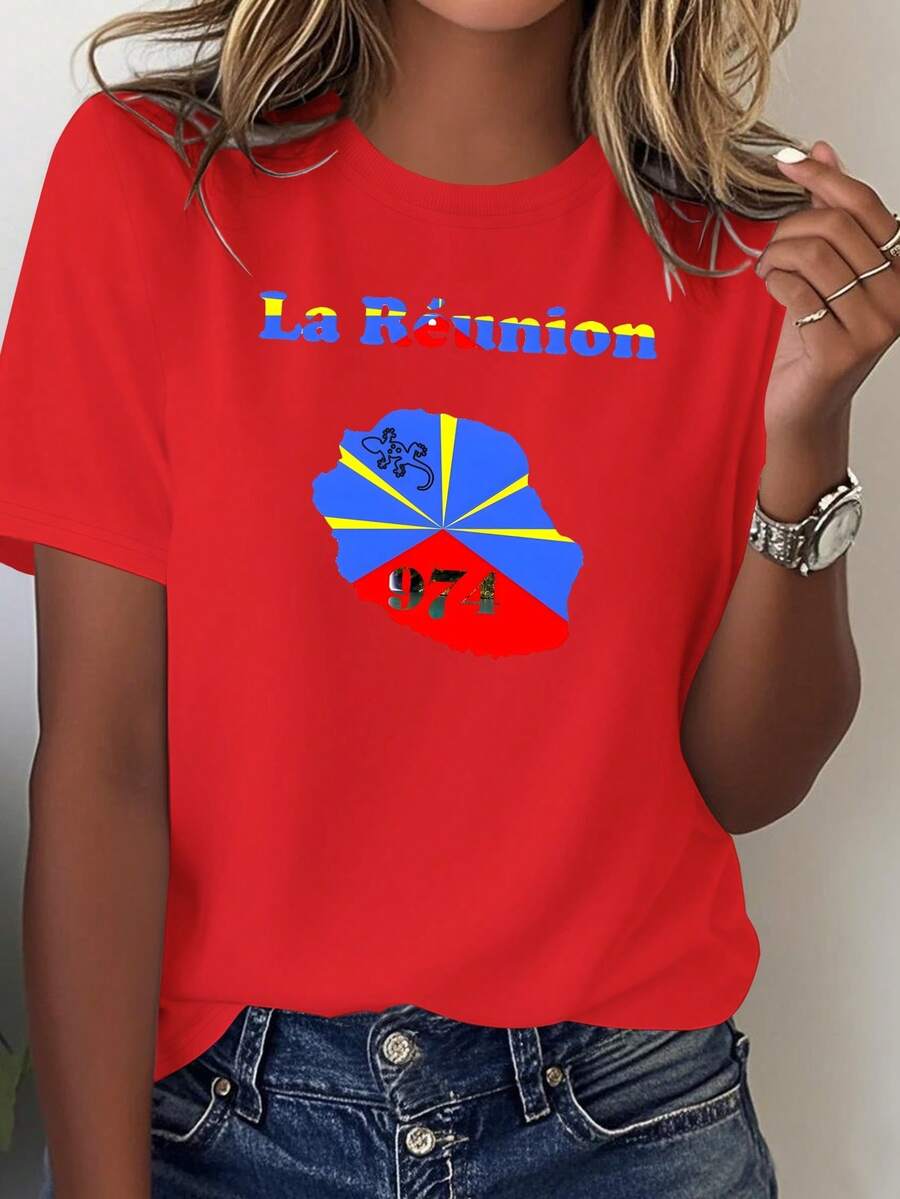 NUEVA Camiseta Cómoda de Color Sólido para Mujer Gecko 974 de la Isla Reunión - Estilo Urbano Vintage, Unisex, de Algodón, Manga Corta, Cuello Redondo - Rojo - Ver 1