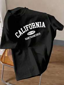 Camiseta de manga corta con cuello redondo de regular, estampado gráfico de contraste de color y letra de California, de estilo casual y elegante hombres, adecuada citas, reuniones, uso esen - Multicolor - Ver 1