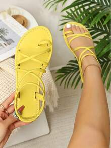 Women's New Multi-Layer Thin Strap Criss-Cross Roman Flat Sandals, Yellow, For Vacation And Daily Wear - Yellow - View 1