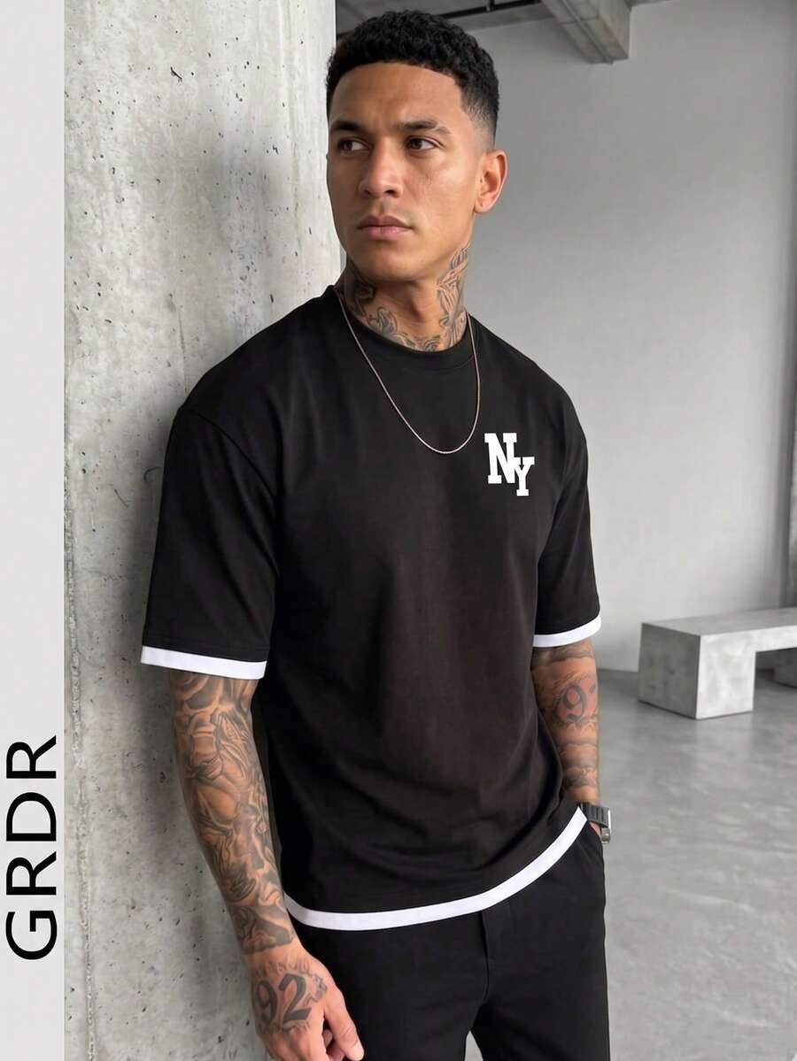 GRDR 男士夏季圆领短袖T恤,黑色简约设计,二合一休闲百搭款 - 黑色 - 查看 1