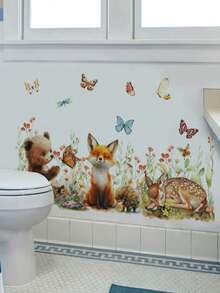 1pc Cartoon Cute Forest Animals Bear Fox Deer Flower Butterfly Wall Decor Sticker, Removable Room Decoration Wall Decal For Bedroom Living Room Entryway - 1PC - View 2