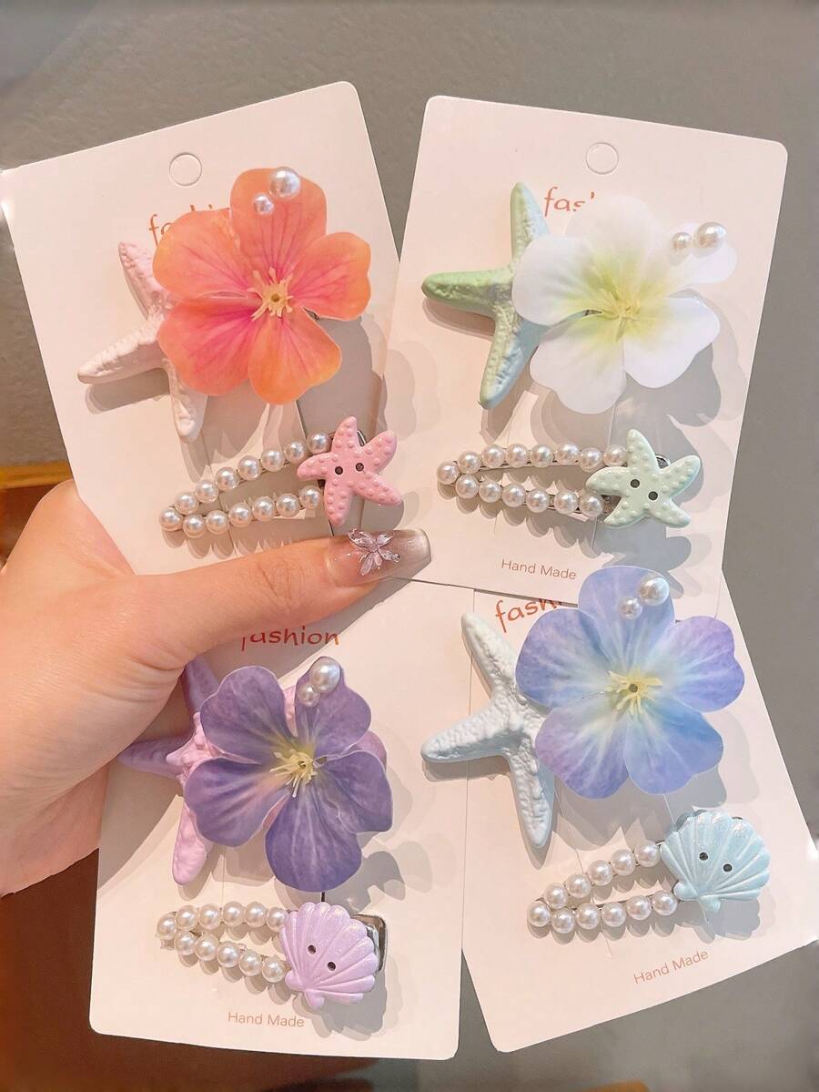 2入 女孩用多色甜美清新春季卡通多巴胺色珍珠瀏海髮夾