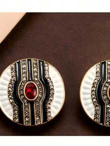 1 Pair Vintage Minimalist Daily Wear Earrings Inlaid With Red And Green Rhinestones, Suitable For Women's Daily Wear, Parties, Holidays, Vacations, Makes A Great Gift For Her - Red - View 3