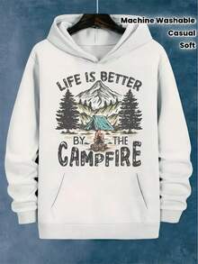 bre - Jersey Gráfico Blanco para Camping |   Lema "La Vida es Mejor al Fuego" - Sudadera Suave con Capucha para Amantes del Aire Libre y Ropa Casual de Otoño - Lavable a Máquina con Bolsillo - Blanco - Ver 1