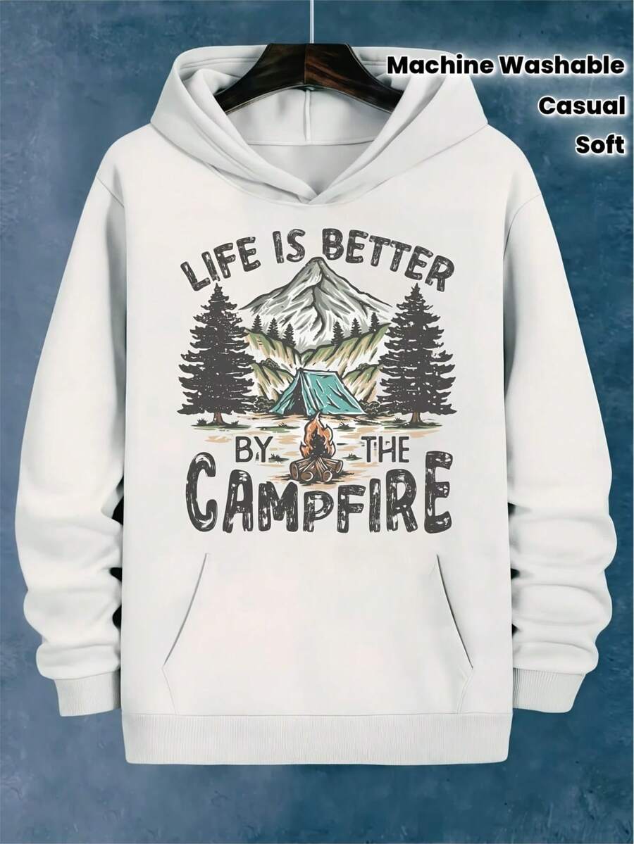 bre - Jersey Gráfico Blanco para Camping | Lema "La Vida es Mejor al Fuego" - Sudadera Suave con Capucha para Amantes del Aire Libre y Ropa Casual de Otoño - Lavable a Máquina con Bolsillo - Blanco - Ver 1