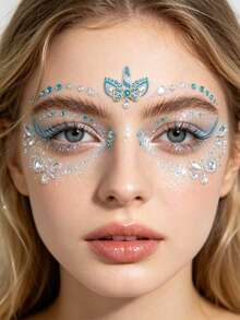 1pc Blue Unicorn Flower Face Rhinestone Sticker, Teardrop Colorful Rhinestone + Flower Style, Waterproof Long-Lasting Brow Center Sticker, Music Festival Party / Sweet Cool Hot Girl Makeup Accent - Multicolor - View 8