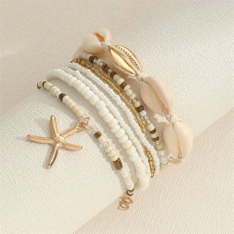 Women's Starfish Shell Anklets, Bohemian Ankle Bracelet, Rice Bead Leg Bracelet, Handmade Foot Chain, Bohemian Jewelry, Sandals, Gift - BR24Y0098-8 - View 1