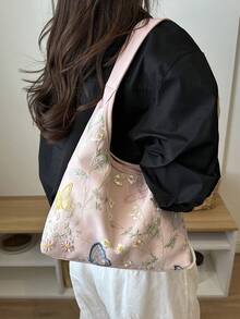 女款休閒大容量新中式刺繡包 2026新款通勤單肩包 隨性托特水桶包 - 粉色 - 查看 3