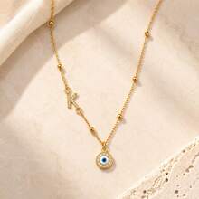 1pc New Classic Initial Round Eye Gold Stainless Steel Bead Chain Necklace For Women - Yellow Gold - View 3