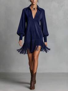 Women's Short Suede Shirt Dress With Lapel Collar, Puff Sleeves And Fringe At The Hem, Various Shades Of Navy And Brown, Western Cowboy Style For Autumn Country Outings. - 藏青色 - 查看 1