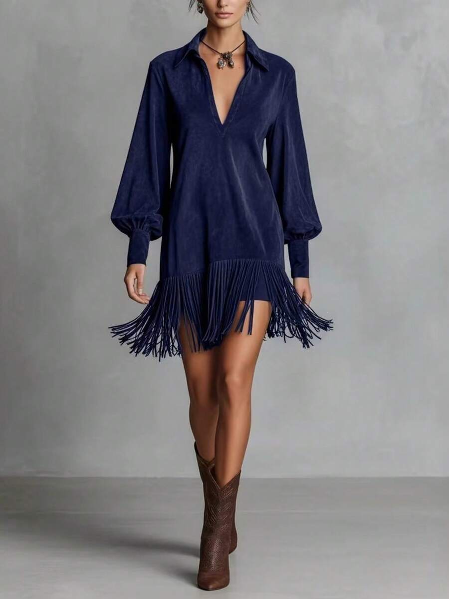 Women's Short Suede Shirt Dress With Lapel Collar, Puff Sleeves And Fringe At The Hem, Various Shades Of Navy And Brown, Western Cowboy Style For Autumn Country Outings. - 藏青色 - 查看 1