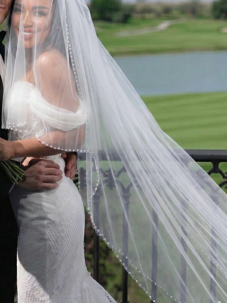 1pc Double Layer Heavy Beaded Edge Bridal Veil, Long Train Cathedral Wedding Hair Accessory, Face Covering