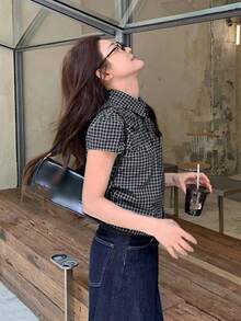 2025新款日系風格女款藍色格紋泡泡袖寬鬆休閒上衣 夏季黑色 - 黑色 - 查看 3