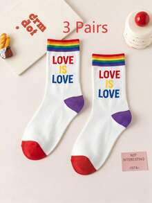 1/3 Pairs Black LGBTQ Pride Mid-Calf Socks, Rainbow Gradient Letter Print, Striped Cuff Knit Casual Streetwear Crew Socks - Multicolor - View 6