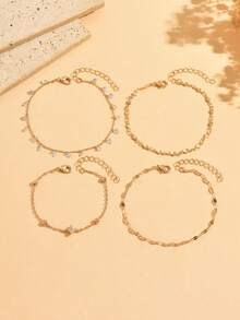 4pcs/Set Minimalist Versatile Women's Foot Jewelry Rhinestone Tassel Decor Gold Color Chain Anklets Fashion All-Match Style Multi-Layer Stackable Anklets Suitable For Daily Wear, Photos, Dates And Vacations, Chain Length Cut By Sections, Number Of Links Not Fixed - Multicolor - View 2