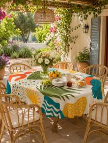 1pc-Boho Tropical Palm Leaf Round Polyester Tablecloth, Colorful Summer Geometric Print Table Cover, Wrinkle Resistant Wavy Edge Tablecloth For Outdoor Patio, Garden, Poolside, Backyard BBQ, Kitchen Dining Home Decor - Multicolor - View 1