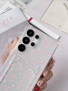 1pc Transparent Four-Corner Anti-Drop Card Holder Case With Painted Pink Heart & Bow Pattern TPU Phone Cover Compatible With Google Pixel 7, Galaxy S23 Ultra/A14/A24, Note 12 Pro, Pixel 8/8 Pro - Multicolor - View 2
