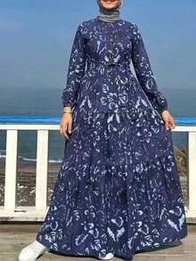 女款休閒長袖花卉印花阿拉伯風藍色洋裝，優雅女裝，女性度假秋季穿搭 - 靛藍色 - 查看 3