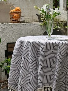1 pièce Nappe imprimée de décoration extérieure bohème – Design Ins, ourlet à franges, matériau doux, tissu léger et doux, forme rectangulaire, idéal pour la décoration de salle à manger intérieure, les rassemblements sur la terrasse, le barbecue dans le jardin, multi-usage comme couvre-poussière pour meubles et couverture de camping. - Géométrie blanche - Voir 4