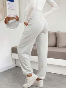 Maternity Knit Fabric Joggers With Pockets, High Elasticity Loose Long Sweatpants, Suitable For Autumn Wear - Grey - View 2