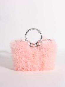 Elegant Pink Tulle Ruffle Tote Bag, Metal Ring Handle Mini Handbag, Women's Fluffy Evening Clutch, Suitable For Wedding Bride, Prom, Cocktail Party - Pink - View 9