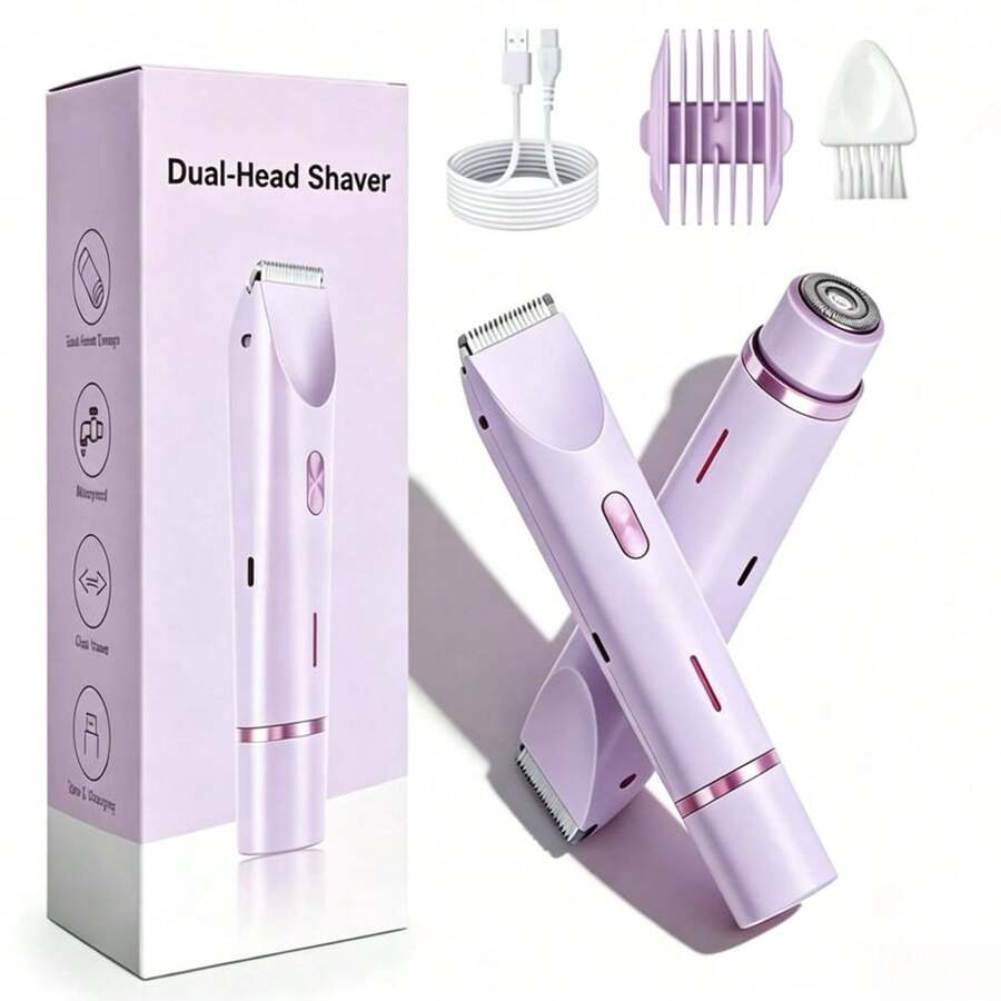 2-In-1 Women Electric Shaver Ultra Gentle For Sensitive Skin Waterproof Wet & Dry Use Detachable Soft Touch Head USB Rechargeable Bikini Trimmer For Armpit Leg Body Ideal Travel Essential