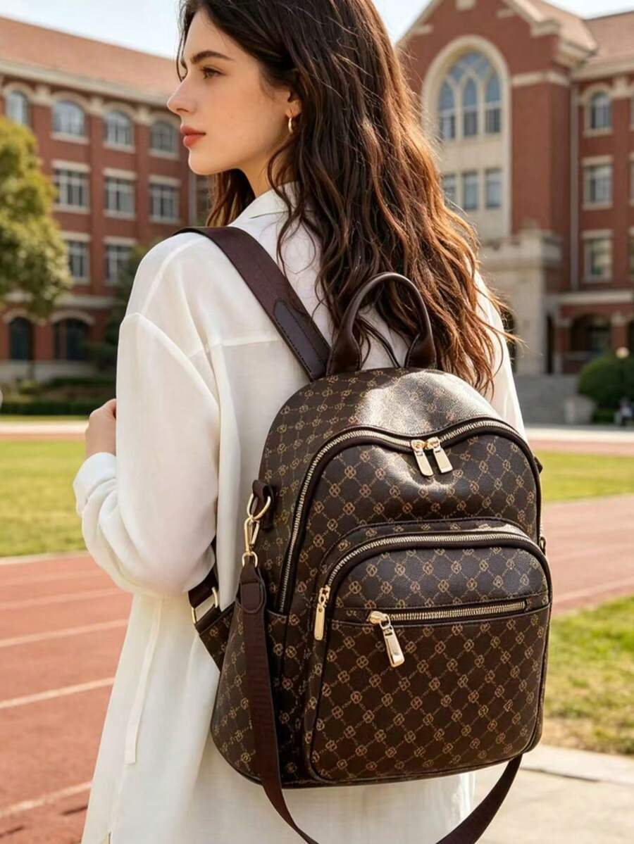 Women's PU Fabric Backpack | Travel Backpack With Multiple Pockets Suitable For Work, School And Daily Use Fashion PU Women's Backpack | Casual Commuter Backpack With Laptop Compartment And Adjustable Straps Suitable For Commuting, Travel And School - Brown - View 1