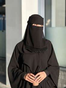 1 Buah Niqab Rumbai Warna Polos untuk Wanita, Masker Rumbai Ringan dan Bernapas, Masker Wajah Modis dan Serbaguna - Masker Wajah Rumbai Hitam - View 4