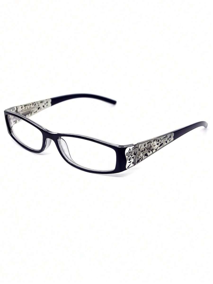1 pieza de gafas de moda rectangulares decoradas con flores de pedrería, adecuadas para atuendos universitarios, trabajo y uso diario. - Negro - Ver 1