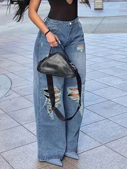 Women's Retro High-Waisted Ripped Flared Jeans, Height-Enhancing And Slim-Fitting  Jeans For Outdoor Wear. Featuring Ripped Design.