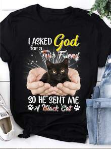 Camiseta Vintage de Gato - Oración Bilingüe en Inglés/Pinyin "Le pedí a Dios un amigo" y Adorables Huellas de Gatito - Camiseta de Algodón Suave Adecuada para Amantes de Gatos, Tallas Grande - Negro - Ver 1